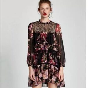 Zara Black Floral Lace Tiered Mini Dress Cocktail